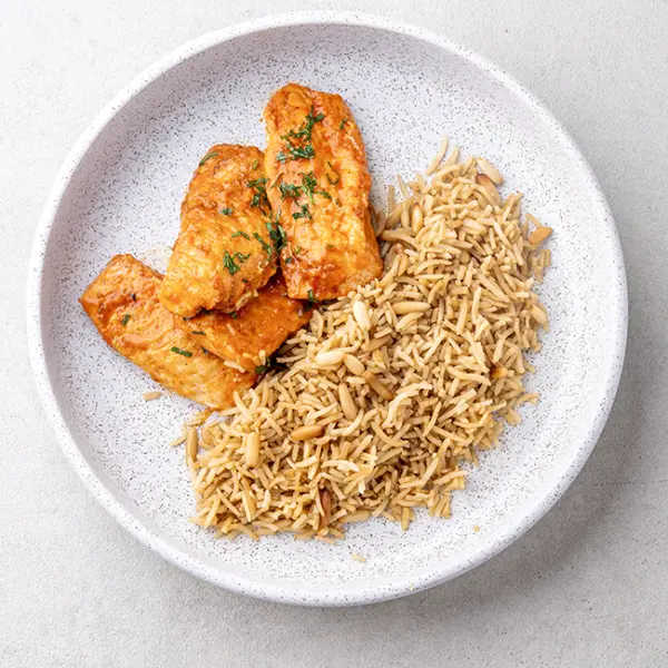 Red Chermoula-spiced Fish with Pine Nut Rice